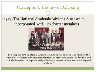 Conceptual: History of Advising
1979: The National Academic Advising Association
incorporated with 429 charter members
The purpose of the National Academic Advising Association is to promote the
quality of Academic Advising in institutions of higher education, and to this end,
it is dedicated to the support and professional growth of academic advising and
advisors."
 