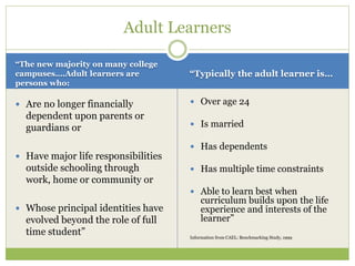 “The new majority on many college
campuses….Adult learners are
persons who:
“Typically the adult learner is…
 Are no longer financially
dependent upon parents or
guardians or
 Have major life responsibilities
outside schooling through
work, home or community or
 Whose principal identities have
evolved beyond the role of full
time student”
 Over age 24
 Is married
 Has dependents
 Has multiple time constraints
 Able to learn best when
curriculum builds upon the life
experience and interests of the
learner”
Information from CAEL: Benchmarking Study, 1999
Adult Learners
 