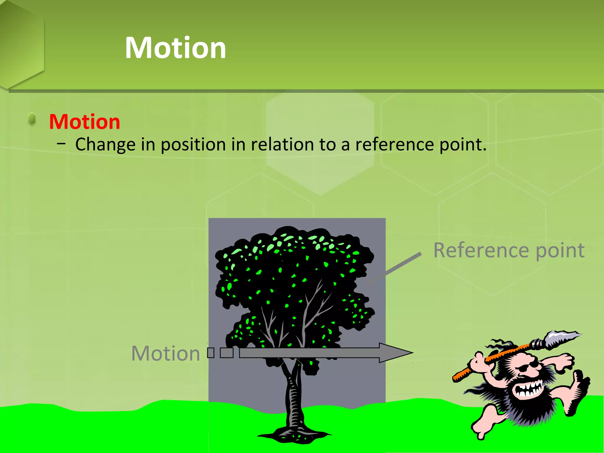 Motion
Motion

− Change in position in relation to a reference point.

Reference point

Motion

 