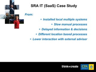 SRA IT (SaaS) Case Study
From:
+ Installed local multiple systems
+ Slow manual processes
+ Delayed information & decisions
+ Different location based processes
+ Lower interaction with external advisor
 