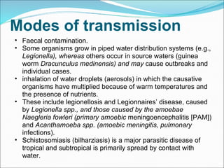 Modes of transmission Faecal contamination.  Some organisms grow in piped water distribution systems (e.g.,  Legionella), whereas  others occur in source waters (guinea worm  Dracunculus medinensis) and may  cause outbreaks and individual cases. inhalation of water droplets (aerosols) in which the causative organisms have multiplied because of warm temperatures and the presence of nutrients.  These include legionellosis and Legionnaires’ disease, caused by  Legionella spp., and those caused by the amoebae Naegleria fowleri (primary amoebic  meningoencephalitis [PAM]) and  Acanthamoeba spp. (amoebic meningitis, pulmonary  infections). Schistosomiasis (bilharziasis) is a major parasitic disease of tropical and subtropical is primarily spread by contact with water. 
