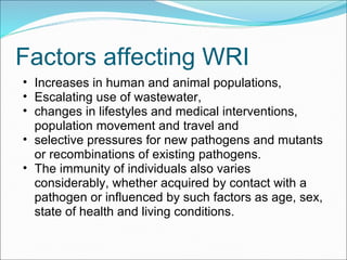 Factors affecting WRI Increases in human and animal populations,  Escalating use of wastewater,  changes in lifestyles and medical interventions, population movement and travel and  selective pressures for new pathogens and mutants or recombinations of existing pathogens.  The immunity of individuals also varies considerably, whether acquired by contact with a pathogen or influenced by such factors as age, sex, state of health and living conditions. 