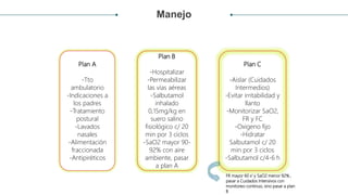 Manejo
Plan A
-Tto
ambulatorio
-Indicaciones a
los padres
-Tratamiento
postural
-Lavados
nasales
-Alimentación
fraccionada
-Antipiréticos
Plan B
-Hospitalizar
-Permeabilizar
las vías aéreas
-Salbutamol
inhalado
0,15mg/kg en
suero salino
fisiológico c/ 20
min por 3 ciclos
-SaO2 mayor 90-
92% con aire
ambiente, pasar
a plan A
Plan C
-Aislar (Cuidados
Intermedios)
-Evitar irritabilidad y
llanto
-Monitorizar SaO2,
FR y FC
-Oxigeno fijo
-Hidratar
Salbutamol c/ 20
min por 3 ciclos
-Salbutamol c/4-6 h
FR mayor 60 x’ y SaO2 menor 92% ,
pasar a Cuidados Intensivos con
monitoreo continuo, sino pasar a plan
B
 