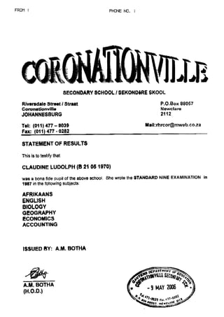 Letter from Coronationville Secondary School