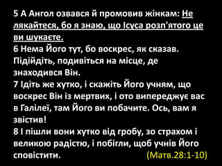 5 А Ангол озвався й промовив жінкам: Не
лякайтеся, бо я знаю, що Ісуса розп'ятого це
ви шукаєте.
6 Нема Його тут, бо воскрес, як сказав.
Підійдіть, подивіться на місце, де
знаходився Він.
7 Ідіть же хутко, і скажіть Його учням, що
воскрес Він із мертвих, і ото випереджує вас
в Галілеї, там Його ви побачите. Ось, вам я
звістив!
8 І пішли вони хутко від гробу, зо страхом і
великою радістю, і побігли, щоб учнів Його
сповістити. (Матв.28:1-10)
 
