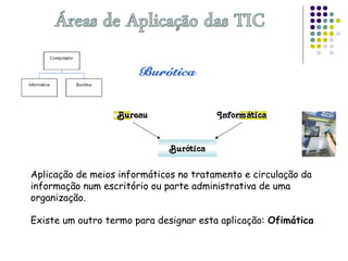 Aplicação de meios informáticos no tratamento e circulação da
informação num escritório ou parte administrativa de uma
organização.
Existe um outro termo para designar esta aplicação: Ofimática
 