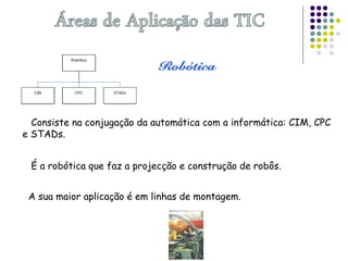 Consiste na conjugação da automática com a informática: CIM, CPC
e STADs.
É a robótica que faz a projecção e construção de robôs.
A sua maior aplicação é em linhas de montagem.
 