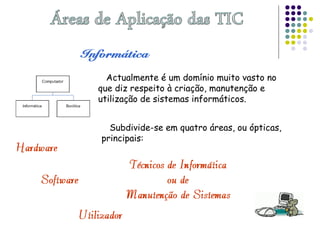 Actualmente é um domínio muito vasto no
que diz respeito à criação, manutenção e
utilização de sistemas informáticos.
Subdivide-se em quatro áreas, ou ópticas,
principais:
 