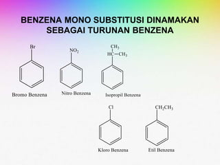 BENZENA MONO SUBSTITUSI DINAMAKAN
SEBAGAI TURUNAN BENZENA
 