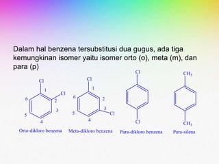 Dalam hal benzena tersubstitusi dua gugus, ada tiga
kemungkinan isomer yaitu isomer orto (o), meta (m), dan
para (p)
 