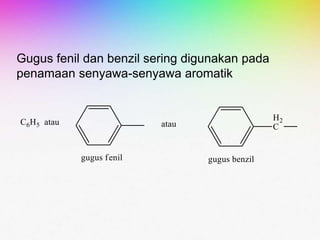 Gugus fenil dan benzil sering digunakan pada
penamaan senyawa-senyawa aromatik
 
