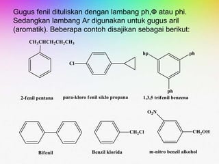 Gugus fenil dituliskan dengan lambang ph,Ф atau phi.
Sedangkan lambang Ar digunakan untuk gugus aril
(aromatik). Beberapa contoh disajikan sebagai berikut:
 