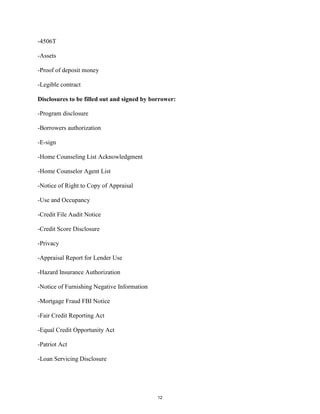-4506T
-Assets
-Proof of deposit money
-Legible contract
Disclosures to be filled out and signed by borrower:
-Program disclosure
-Borrowers authorization
-E-sign
-Home Counseling List Acknowledgment
-Home Counselor Agent List
-Notice of Right to Copy of Appraisal
-Use and Occupancy
-Credit File Audit Notice
-Credit Score Disclosure
-Privacy
-Appraisal Report for Lender Use
-Hazard Insurance Authorization
-Notice of Furnishing Negative Information
-Mortgage Fraud FBI Notice
-Fair Credit Reporting Act
-Equal Credit Opportunity Act
-Patriot Act
-Loan Servicing Disclosure
12
 