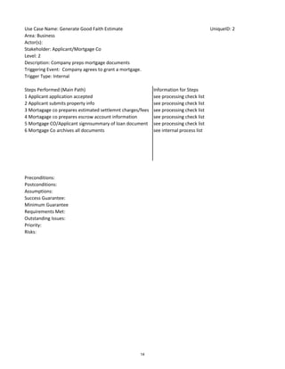 Use Case Name: Generate Good Faith Estimate UniqueID: 2
Area: Business
Actor(s):
Stakeholder: Applicant/Mortgage Co
Level: 2
Description: Company preps mortgage documents
Triggering Event: Company agrees to grant a mortgage.
Trigger Type: Internal
Steps Performed (Main Path) Information for Steps
1 Applicant application accepted see processing check list
2 Applicant submits property info see processing check list
3 Mortagage co prepares estimated settlemnt charges/fees see processing check list
4 Mortagage co prepares escrow account information see processing check list
5 Mortgage CO/Applicant signnsummary of loan document see processing check list
6 Mortgage Co archives all documents see internal process list
Preconditions:
Postconditions:
Assumptions:
Success Guarantee:
Minimum Guarantee
Requirements Met:
Outstanding Issues:
Priority:
Risks:
14
 