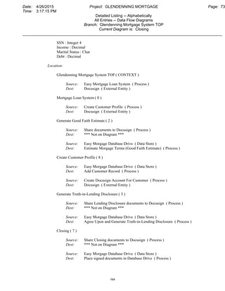 Date: 4/26/2015 Project: GLENDENNING MORTGAGE Page: 73
Time: 3:17:15 PM
Detailed Listing -- Alphabetically
All Entries -- Data Flow Diagrams
Branch: Glendenning Mortgage System TOP
Current Diagram is: Closing
___________________________________________________________________________________________
SSN : Integer 4
Income : Decimal
Marital Status : Char
Debt : Decimal
Location:
Glendenning Mortgage System TOP ( CONTEXT )
Source: Easy Mortgage Loan System ( Process )
Dest: Docusign ( External Entity )
Mortgage Loan System ( 0 )
Source: Create Customer Profile ( Process )
Dest: Docusign ( External Entity )
Generate Good Faith Estimate ( 2 )
Source: Share documents to Docusign ( Process )
Dest: *** Not on Diagram ***
Source: Easy Morgage Database Drive ( Data Store )
Dest: Estimate Morgage Terms (Good Faith Estimate) ( Process )
Create Customer Profile ( 8 )
Source: Easy Morgage Database Drive ( Data Store )
Dest: Add Customer Record ( Process )
Source: Create Docusign Account For Customer ( Process )
Dest: Docusign ( External Entity )
Generate Truth-in-Lending Disclosure( 3 )
Source: Share Lending Disclosure documents to Docusign ( Process )
Dest: *** Not on Diagram ***
Source: Easy Morgage Database Drive ( Data Store )
Dest: Agree Upon and Generate Truth-in-Lending Disclosure ( Process )
Closing ( 7 )
Source: Share Closing documents to Docusign ( Process )
Dest: *** Not on Diagram ***
Source: Easy Morgage Database Drive ( Data Store )
Dest: Place signed documents in Database Drive ( Process )
164
 