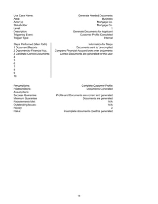Use Case Name: Generate Needed Documents
Area: Business
Actor(s): Mortgage Co.
Stakeholder Mortgage Co.
Level: 1
Description: Generate Documents for Applicant
Triggering Event: Customer Profile Completed
Trigger Type: Internal
Steps Performed (Main Path) Information for Steps
1 Document Reports Documents sent to be compiled
2 Document to Financial Acc. Company Financial Account looks over documents
3 Generate Correct Documents Correct Documents are generated for the user
4
5
6
7
8
9
10
Preconditions: Complete Customer Profile
Postconditions: Documents Generated
Assumptions:
Success Guarantee: Profile and Documents are correct and generated
Minimum Guarantee Documents are generated
Requirements Met: N/A
Outstanding Issues: N/A
Priority: 2
Risks: Incomplete documents could be generated
18
 