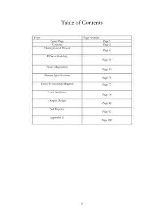 Table of Contents
Topic Page Number
Cover Page Page 1
Contents Page 2
Description of Project
Page 6
Process Modeling
Page 14
Project Repository
Page 39
Process Specifications
Page 71
Entity Relationship Diagram Page 77
User Interfaces
Page 78
Output Design
Page 86
VA Reports
Page 92
Appendix 11
Page 180
2
 