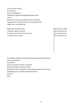 Use Case Name: Closing
Area: Business
Actor(s): Mortgage Co
Stakeholder: Applicant/Mortgage Co/Property seller
Level: 4
Description: Company and applicant close on property
Triggering Event. Property purchsed and closing executed
Trigger Type: Internal/external
Steps Performed (Main Path) Information for Steps
1 Applicant closes on property see closing check list
2. All documents sent for internal review see closing check list
3. All documents archived see closing check list
Preconditions: Applicant prepared for property purchase/closing actionsPostconditions: Applicant/Mortgage execute closing and applicant completes
purchase of property
Assumptions:
Success Guarantee: Purchase completed
Minimum Guarantee Purchase delayed
Requirements Met: Closing documents prepared and revied for accuracy
Outstanding Issues: complete closing details listed
Priority: 5
Risks:
20
 