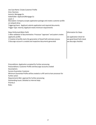 Use Case Name: Create Customer Profile
Area: Business
Actor(s): Mortgage Co
Stakeholder: Applicant/Mortgage Co
Level: 2
Description: Company accepts application package and creates customer profile
on network drive
Triggering Event: Applicant submits application and required documents.
Trigger Type: Internal, Applicant meets minimum requirements
Steps Performed (Main Path) Information for Steps
1 After validation of documentation. Processor "approves" and system creates
applicants profile. see application check list
2 Creation of profile starts the generation of Good Faith estimate process see good Good Faith checklist
3 Docusign account is created and respective documents generated see docusign checklist
Preconditions: Application accepted for further processing
Postconditions: Customer Profile and Docusign accounts created
Assumptions:
Success Guarantee: Customer
Minimum Guarantee Profile will be created or a RFI sent to loan processor for
further action
Requirements Met: approval for further processing
Outstanding Issues: Detailed co internal steps
Priority:2
Risks:
27
 