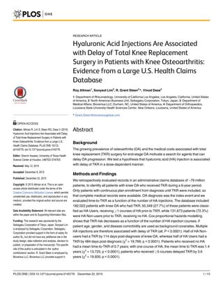 RESEARCH ARTICLE
Hyaluronic Acid Injections Are Associated
with Delay of Total Knee Replacement
Surgery in Patients with Knee Osteoarthritis:
Evidence from a Large U.S. Health Claims
Database
Roy Altman1
, Sooyeol Lim2
, R. Grant Steen3
*, Vinod Dasa4
1 Department of Rheumatology, University of California Los Angeles, Los Angeles, California, United States
of America, 2 North American Business Unit, Seikagaku Corporation, Tokyo, Japan, 3 Department of
Medical Affairs, Bioventus LLC, Durham, NC, United States of America, 4 Department of Orthopaedics,
Louisiana State University Health Sciences Center, New Orleans, Louisiana, United States of America
* Grant.Steen@bioventusglobal.com
Abstract
Background
The growing prevalence of osteoarthritis (OA) and the medical costs associated with total
knee replacement (TKR) surgery for end-stage OA motivate a search for agents that can
delay OA progression. We test a hypothesis that hyaluronic acid (HA) injection is associated
with delay of TKR in a dose-dependent manner.
Methods and Findings
We retrospectively evaluated records in an administrative claims database of ~79 million
patients, to identify all patients with knee OA who received TKR during a 6-year period.
Only patients with continuous plan enrollment from diagnosis until TKR were included, so
that complete medical records were available. OA diagnosis was the index event and we
evaluated time-to-TKR as a function of the number of HA injections. The database included
182,022 patients with knee OA who had TKR; 50,349 (27.7%) of these patients were classi-
fied as HA Users, receiving 1 courses of HA prior to TKR, while 131,673 patients (72.3%)
were HA Non-users prior to TKR, receiving no HA. Cox proportional hazards modelling
shows that TKR risk decreases as a function of the number of HA injection courses, if
patient age, gender, and disease comorbidity are used as background covariates. Multiple
HA injections are therefore associated with delay of TKR (all, P  0.0001). Half of HA Non-
users had a TKR by 114 days post-diagnosis of knee OA, whereas half of HA Users had a
TKR by 484 days post-diagnosis (χ2
= 19,769; p  0.0001). Patients who received no HA
had a mean time-to-TKR of 0.7 years; with one course of HA, the mean time to TKR was 1.4
years (χ2
= 13,725; p  0.0001); patients who received 5 courses delayed TKR by 3.6
years (χ2
= 19,935; p  0.0001).
PLOS ONE | DOI:10.1371/journal.pone.0145776 December 22, 2015 1 / 13
OPEN ACCESS
Citation: Altman R, Lim S, Steen RG, Dasa V (2015)
Hyaluronic Acid Injections Are Associated with Delay
of Total Knee Replacement Surgery in Patients with
Knee Osteoarthritis: Evidence from a Large U.S.
Health Claims Database. PLoS ONE 10(12):
e0145776. doi:10.1371/journal.pone.0145776
Editor: Shervin Assassi, University of Texas Health
Science Center at Houston, UNITED STATES
Received: May 12, 2015
Accepted: December 8, 2015
Published: December 22, 2015
Copyright: © 2015 Altman et al. This is an open
access article distributed under the terms of the
Creative Commons Attribution License, which permits
unrestricted use, distribution, and reproduction in any
medium, provided the original author and source are
credited.
Data Availability Statement: All relevant data are
within the paper and its Supporting Information files.
Funding: This research was sponsored by the
Seikagaku Corporation of Tokyo, Japan. Sooyeol Lim
is employed by Seikagaku Corporation. Seikagaku
Corporation provided support in the form of salary for
author SL, but did not have any additional role in the
study design, data collection and analysis, decision to
publish, or preparation of the manuscript. The specific
role of this author is articulated in the ‘author
contributions’ section. R. Grant Steen is employed by
Bioventus LLC. Bioventus LLC provided support in
 