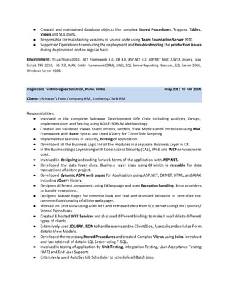  Created and maintained database objects like complex Stored Procedures, Triggers, Tables,
Views and SQL Joins.
 Responsible for maintaining versions of source code using Team Foundation Server 2010.
 SupportedOperationsteamduringthe deployment and troubleshooting the production issues
during deployment and on regular basis.
Environment: VisualStudio2010, .NET Framework 4.0, C# 4.0, ASP.NET 4.0, ASP.NET MVC 3,WCF, Jquery, Java
Script, TFS 2010, IIS 7.0, AJAX, Entity Framework(ORM), LINQ, SQL Server Reporting Services, SQL Server 2008,
Windows Server 2008.
Cognizant Technologies Solution, Pune, India May 2011 to Jan 2014
Clients: Schwan’sFoodCompanyUSA,Kimberly-ClarkUSA
Responsibilities:
 Involved in the complete Software Development Life Cycle including Analysis, Design,
Implementation and Testing using AGILE-SCRUMMethodology.
 Created and validated Views, User Controls, Models, View Models and Controllers using MVC
Framework with Razor Syntax and Used JQuery for Client Side Scripting.
 Implemented features of security, testing of application.
 Developed all the Business Logic for all the modules in a separate Business Layer in C#.
 In the BusinessLogicLayeralongwithCode Access Security (CAS), Web and WCF services were
used.
 Involved in designing and coding for web forms of the application with ASP.NET.
 Developed the data layer class, Business layer class using C# which is reusable for data
transactions of entire project.
 Developed dynamic ASPX web pages for Application using ASP.NET, C#.NET, HTML, and AJAX
including JQuery library.
 DesigneddifferentcomponentsusingC#language and usedExceptionhandling, Error providers
to handle exceptions.
 Designed Master Pages for common look and feel and standard behavior to centralize the
common functionality of all the web pages.
 Worked on Grid view using ADO.NET and retrieved data from SQL server using LINQ queries/
Stored Procedures.
 Created& hosted WCFServicesandalsouseddifferentbindingstomake itavailable todifferent
types of clients.
 Extensivelyused JQUERY,JSONtohandle eventsonthe ClientSide,Ajax callsandserialize Form
data to View Models.
 Developedthe necessary StoredProcedures and created Complex Views using Joins for robust
and fast retrieval of data in SQL Server using T-SQL.
 Involvedintestingof application by Unit Testing, Integration Testing, User Acceptance Testing
(UAT) and End User Support.
 Extensively used AutoSys Job Scheduler to schedule all Batch jobs.
 