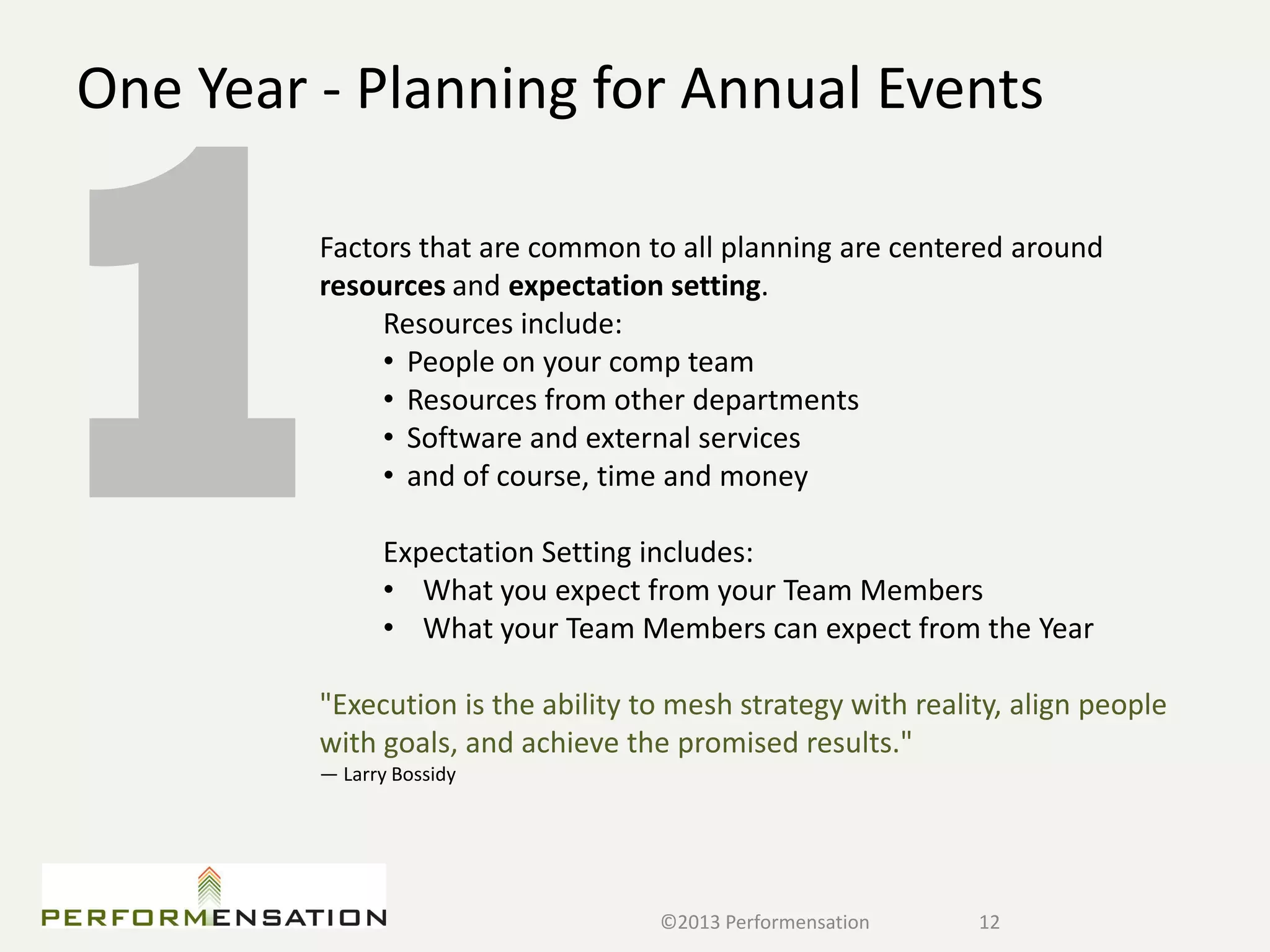 One Year - Planning for Annual Events

         Factors that are common to all planning are centered around
         resources and expectation setting.
              Resources include:
              • People on your comp team
              • Resources from other departments
              • Software and external services
              • and of course, time and money

               Expectation Setting includes:
               • What you expect from your Team Members
               • What your Team Members can expect from the Year

         "Execution is the ability to mesh strategy with reality, align people
         with goals, and achieve the promised results."
         — Larry Bossidy




                                    ©2013 Performensation     12
 