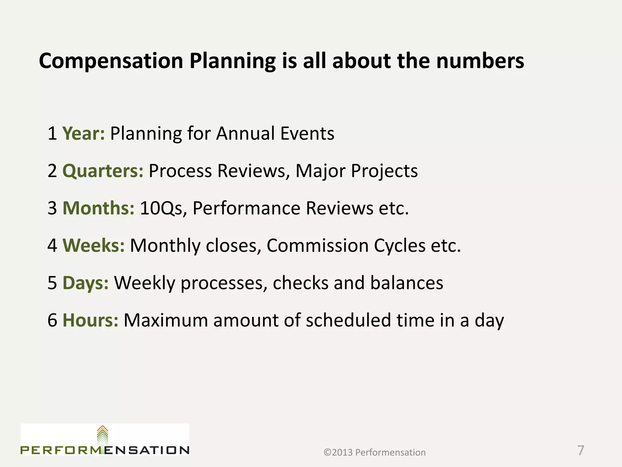 Compensation Planning is all about the numbers

1 Year: Planning for Annual Events
2 Quarters: Process Reviews, Major Projects
3 Months: 10Qs, Performance Reviews etc.
4 Weeks: Monthly closes, Commission Cycles etc.
5 Days: Weekly processes, checks and balances
6 Hours: Maximum amount of scheduled time in a day




                                ©2013 Performensation   7
 