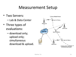 Measurement Setup
• Two Servers:
– Lab & Data Center
• Three types of
evaluations:
– download only;
upload only;
simultaneous
download & upload.
52MobiHoc '10
 