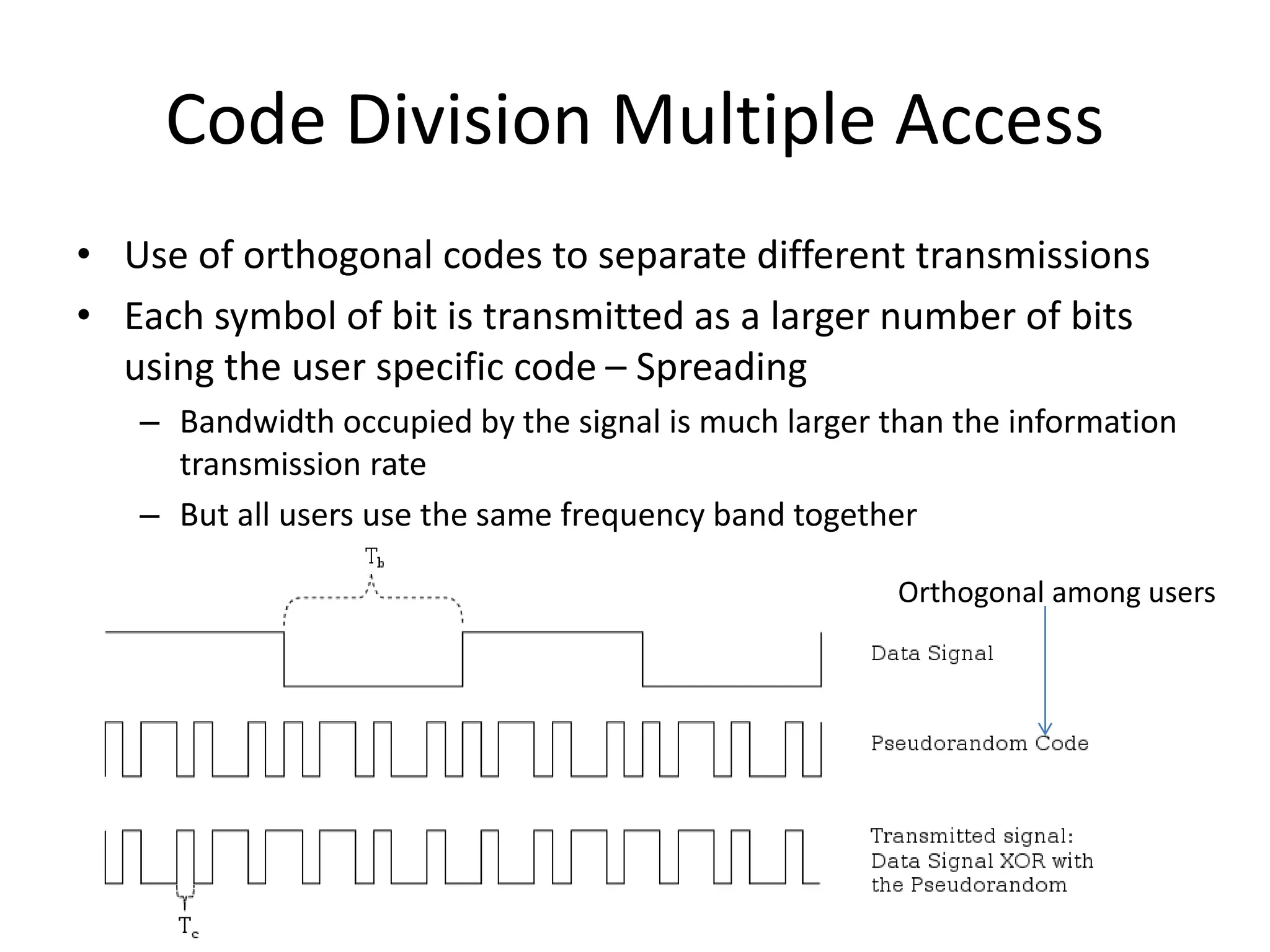 Code Division Multiple Access
• Use of orthogonal codes to separate different transmissions
• Each symbol of bit is transmitted as a larger number of bits
using the user specific code – Spreading
– Bandwidth occupied by the signal is much larger than the information
transmission rate
– But all users use the same frequency band together
Orthogonal among users
 