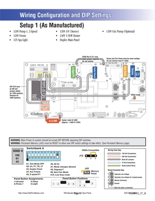 Wiring Configuration and DIP Settings
            Setup 1 (As Manufactured)
                                                                                                                  (Stereo)




                                                                                                                                                  PCBA Rev D & E only.
                                                                                                                                                  Black jumper required.                                 Ozone and Circ Pump must be same voltage.
                                                                                                                                                  Do not remove.                                         Do not remove Fuse F7 (20A)
                                                                                                                                             K1                                                      F7 FUSE 20A 250V                                   J47




                                                                                                                                                                                                                                               J46
                                                                                                                                                                                        W10                                                                                 J29
                         CLASS G FUSE 30A                                  BLK AC                              K6 J23                                                     J50
                                                                F5           J61    J62                                            J74




                                                                                                                                                                                                                                                    Circ.Pump
                                                                                                                                                                                                                                                                                                     F1




                                                                                                                                                                      Audio Visual
                                                                                                                   2-Spd P1
                                                                                                                                                                                                                                                                                              J20




                                                                                                                                                                                                    J17/26




                                                                                                                                                                                                                                                                          Ozone




                                                                                                                                                                                                                                                                                                           FUSE 3A 250V
                                                     WHT AC
                                                       T




                                                                                                                                                                                                                                                                                                C
                                                                                                                                    J73




                                                                                                                                                                                                                                                                                             Light
                                                                                                                                                                                                                                                          C




                                                                                                                                                                                                                                                                                   C


                                                                                                                                                                                                                                                                                             12V
                                                                                                                        C




                                                                                                                                                                                             C
                                                                                                                                                                              C




                                                                                                                                                                                                                                                          G




                                                                                                                                                                                                                                                                                               G
                                                                                                                                                                                                                                                                                   G
                                                                                                                                                                                                        W7




                                                                                                                                                            W4
                                                                                                                        G




                                                                                                                                                                                             G
                                                                                                                                                                              G
                                       J11    J15    J16 J25 J63 J64
                         J66 J65
                                                                                                                                   W1                                                                             K8                                                                K5
                                                                                                                                                                                                                                                          W2
                                                                                                                                                             T1                                         K9                                      W3
                                                    NEUTRAL




                                                                                                     F4 FUSE .3A 250V                                                                                                                         J1A
                                                     WHITE




                                                                                                                                                                                                                                       J1
                                                                                                                                                                                                                                                                                                     J10
DIP A10 must
be ON and
                                                    BLACK
                                                     HOT




jumper added                                                                                                                                                                                                                                  J2A
for 120V systems.
                                                                                                                                                                                                                                                                         VS50x mode




                                                                                                                                                                                                                                                                                                           J18
                             TORQUE
Remove for                   RANGE
                                                    RED
                                                    HOT




240V Systems.                FOR TB1:                                                                                         K3                                                                                                                                               1
                                                                                                                                                                                                                                                                                       2 3

                    K4       27-30 IN. LBS.                                                                                                                                                                                                                               U4       J12
                                                                                                                              K2
                                                                                   TB1                                                                                                                                 J2
                                               J32 J33 J34          J35                                                                                                                                J43

                                               J36            J37                                                             F2
                                                     RED AC                                                                                                                                                                                                                                               J13
                                                                                                                                                                                                                                                                    BALBOA INSTRUMENTS, INC. 2-SPD
                                                                                                                                                                                                                   J60       J22                                J44 VS500Z                   EXT RLY
                                                                                                                                                                                                                                      J7       J8

                               Balboa                                 HTR2                HTR1                                                                                                               J6
                                                                                                                                                                  E.GND




                                                                                                                                                                                                                                                                    P/N 22972 REV D


                                      J100                                   J101                                                                                                                     S1 TST       EXT.     AUX. F                          VAC MADE IN U.S.A
                                                                                                                                                                                     SWITCHBANK A                  RLY               SEN. A   SEN. B                COPYRIGHT 2005


                                                                                                      Heater rated @ 240V
                                                                          5.5 kW                      (Approx. 1.4kW @ 120V)




 WARNING: Main Power to system should be turned OFF BEFORE adjusting DIP switches.
 WARNING: Persistent Memory (J43) must be RESET to allow new DIP switch settings to take effect. (See Persistent Memory page)


   SSID #                                                                                                                                     VS50x Compatible                                                Wiring Color Key
                                                                                                                                                                                                                                              120 Volt Connections
      100                                                                                                                                J12                                                                                                  240 Volt Connections
      61                                                                                                                                                1   2                3
                                                                                                                                                                                                                                              Black AC Jumpers
      43                                                                                                                                                                                                                                      12 Volt Connections
                    A1, Test Mode OFF
                    A2, Un, P1, TE, LT                                                                                                                                                                                                        Relay Control Wires
                                                                          A7, Mode changes allowed
                                                                                                                                                     J43
                                                                                                                                                                                                              Board Connector Key
                                                                                                                                                             Memory
                                                                          A9, Non-Circ Mode
                    A5, 2-speed P1                                                                                                                           Reset                                            1
                                                                          A10, High Amp mode
                                                                               Low Amp mode                                                                                                                                  Typically Line voltage
                                                                                                                                                                                                              2              Typically Line voltage for 2-speed pumps
     Panel Button Assignments                                                                          Panel Button Positions
                                                                                                                                                                                                              3              Neutral (Common)
     1=Unused             3=Temp                                                                                                         1
                                                                                                                                                                                                              4
     2=Pump 1             4=Light                                                  1             2            3       4                                         3                                                            Ground
                                                                                                                                         4          2
                                                                                                                                                                                                                             Note flat sides in connector


          http://www.MyPoolSpas.com                                                                     Wholesale Pool and Spa Parts
                                                                                                                  Page 5                                                                                                                             920-925-3094
                                                                                                                                                                                                                                                          54368-03_97_B
 