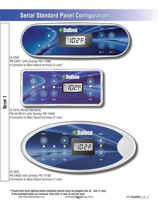 Serial Standard Panel Configurations




          VL700S
          PN 53811 with Overlay PN 11688
                 1
           Connects to Main Board terminal J1 only*


                             Blower               Mode                                Warm




                                                                                       Heat
SETUP 1




                              Jets 1   Jets 2     Light                               Cool



          VL701S (Serial Standard)
          PN 53189-01 with Overlay PN 10430
           Connects to Main Board terminal J1 only*




                                        Blower              Mode                              Warm




                                                                                              Heat




                                        Jets 1    Jets 2    Light                             Cool




          VL702S
          PN 54652 with Overlay PN 11790
           Connects to Main Board terminal J1 only*


          * Panels with back-lighting (bulbs installed) should never be plugged into J2. Use J1 only.
            If the backlight bulbs are removed, then both J1 and J2 may be used.
                  http://www.MyPoolSpas.com                    Wholesale Pool and Spa Parts
                                                                         Page 8                         920-925-3094
                                                                                                             54371-02_97_A
 
