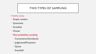 TWO TYPES OF SAMPLING
• Probability sampling
• Simple random
• Systematic
• Stratified
• Cluster
• Non-probability sampling
• Convenience/Accidental
• Judgmental/Purposive
• Quota
• Snowball
 