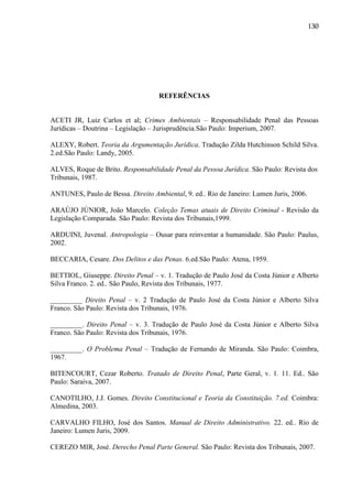 130

REFERÊNCIAS
ACETI JR, Luiz Carlos et al; Crimes Ambientais – Responsabilidade Penal das Pessoas
Jurídicas – Doutrina – Legislação – Jurisprudência.São Paulo: Imperium, 2007.
ALEXY, Robert. Teoria da Argumentação Jurídica. Tradução Zilda Hutchinson Schild Silva.
2.ed.São Paulo: Landy, 2005.
ALVES, Roque de Brito. Responsabilidade Penal da Pessoa Jurídica. São Paulo: Revista dos
Tribunais, 1987.
ANTUNES, Paulo de Bessa. Direito Ambiental, 9. ed.. Rio de Janeiro: Lumen Juris, 2006.
ARAÚJO JÚNIOR, João Marcelo. Coleção Temas atuais de Direito Criminal - Revisão da
Legislação Comparada. São Paulo: Revista dos Tribunais,1999.
ARDUINI, Juvenal. Antropologia – Ousar para reinventar a humanidade. São Paulo: Paulus,
2002.
BECCARIA, Cesare. Dos Delitos e das Penas. 6.ed.São Paulo: Atena, 1959.
BETTIOL, Giuseppe. Direito Penal – v. 1. Tradução de Paulo José da Costa Júnior e Alberto
Silva Franco. 2. ed.. São Paulo, Revista dos Tribunais, 1977.
_________ Direito Penal – v. 2 Tradução de Paulo José da Costa Júnior e Alberto Silva
Franco. São Paulo: Revista dos Tribunais, 1976.
_________. Direito Penal – v. 3. Tradução de Paulo José da Costa Júnior e Alberto Silva
Franco. São Paulo: Revista dos Tribunais, 1976.
_________. O Problema Penal – Tradução de Fernando de Miranda. São Paulo: Coimbra,
1967.
BITENCOURT, Cezar Roberto. Tratado de Direito Penal, Parte Geral, v. 1. 11. Ed.. São
Paulo: Saraiva, 2007.
CANOTILHO, J.J. Gomes. Direito Constitucional e Teoria da Constituição. 7.ed. Coimbra:
Almedina, 2003.
CARVALHO FILHO, José dos Santos. Manual de Direito Administrativo. 22. ed.. Rio de
Janeiro: Lumen Juris, 2009.
CEREZO MIR, José. Derecho Penal Parte General. São Paulo: Revista dos Tribunais, 2007.

 
