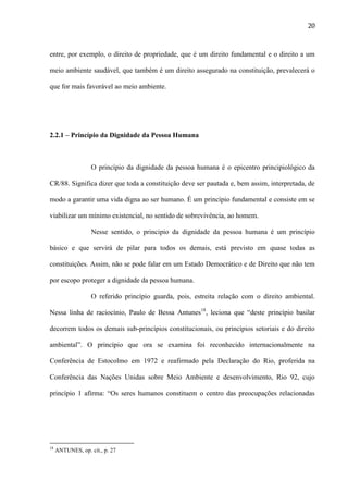 20

entre, por exemplo, o direito de propriedade, que é um direito fundamental e o direito a um
meio ambiente saudável, que também é um direito assegurado na constituição, prevalecerá o
que for mais favorável ao meio ambiente.

2.2.1 – Princípio da Dignidade da Pessoa Humana

O princípio da dignidade da pessoa humana é o epicentro principiológico da
CR/88. Significa dizer que toda a constituição deve ser pautada e, bem assim, interpretada, de
modo a garantir uma vida digna ao ser humano. É um princípio fundamental e consiste em se
viabilizar um mínimo existencial, no sentido de sobrevivência, ao homem.
Nesse sentido, o principio da dignidade da pessoa humana é um princípio
básico e que servirá de pilar para todos os demais, está previsto em quase todas as
constituições. Assim, não se pode falar em um Estado Democrático e de Direito que não tem
por escopo proteger a dignidade da pessoa humana.
O referido princípio guarda, pois, estreita relação com o direito ambiental.
Nessa linha de raciocínio, Paulo de Bessa Antunes18, leciona que “deste princípio basilar
decorrem todos os demais sub-princípios constitucionais, ou princípios setoriais e do direito
ambiental”. O princípio que ora se examina foi reconhecido internacionalmente na
Conferência de Estocolmo em 1972 e reafirmado pela Declaração do Rio, proferida na
Conferência das Nações Unidas sobre Meio Ambiente e desenvolvimento, Rio 92, cujo
princípio 1 afirma: “Os seres humanos constituem o centro das preocupações relacionadas

18

ANTUNES, op. cit., p. 27

 
