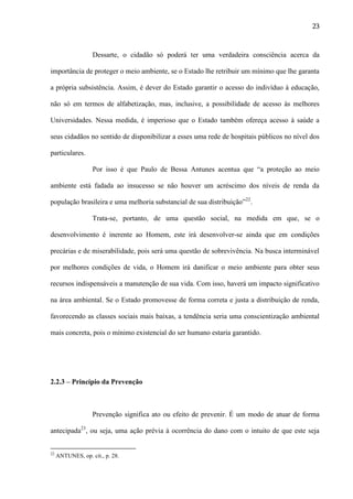 23

Dessarte, o cidadão só poderá ter uma verdadeira consciência acerca da
importância de proteger o meio ambiente, se o Estado lhe retribuir um mínimo que lhe garanta
a própria subsistência. Assim, é dever do Estado garantir o acesso do indivíduo à educação,
não só em termos de alfabetização, mas, inclusive, a possibilidade de acesso às melhores
Universidades. Nessa medida, é imperioso que o Estado também ofereça acesso à saúde a
seus cidadãos no sentido de disponibilizar a esses uma rede de hospitais públicos no nível dos
particulares.
Por isso é que Paulo de Bessa Antunes acentua que “a proteção ao meio
ambiente está fadada ao insucesso se não houver um acréscimo dos níveis de renda da
população brasileira e uma melhoria substancial de sua distribuição”22.
Trata-se, portanto, de uma questão social, na medida em que, se o
desenvolvimento é inerente ao Homem, este irá desenvolver-se ainda que em condições
precárias e de miserabilidade, pois será uma questão de sobrevivência. Na busca interminável
por melhores condições de vida, o Homem irá danificar o meio ambiente para obter seus
recursos indispensáveis a manutenção de sua vida. Com isso, haverá um impacto significativo
na área ambiental. Se o Estado promovesse de forma correta e justa a distribuição de renda,
favorecendo as classes sociais mais baixas, a tendência seria uma conscientização ambiental
mais concreta, pois o mínimo existencial do ser humano estaria garantido.

2.2.3 – Princípio da Prevenção

Prevenção significa ato ou efeito de prevenir. É um modo de atuar de forma
antecipada23, ou seja, uma ação prévia à ocorrência do dano com o intuito de que este seja

22

ANTUNES, op. cit., p. 28.

 