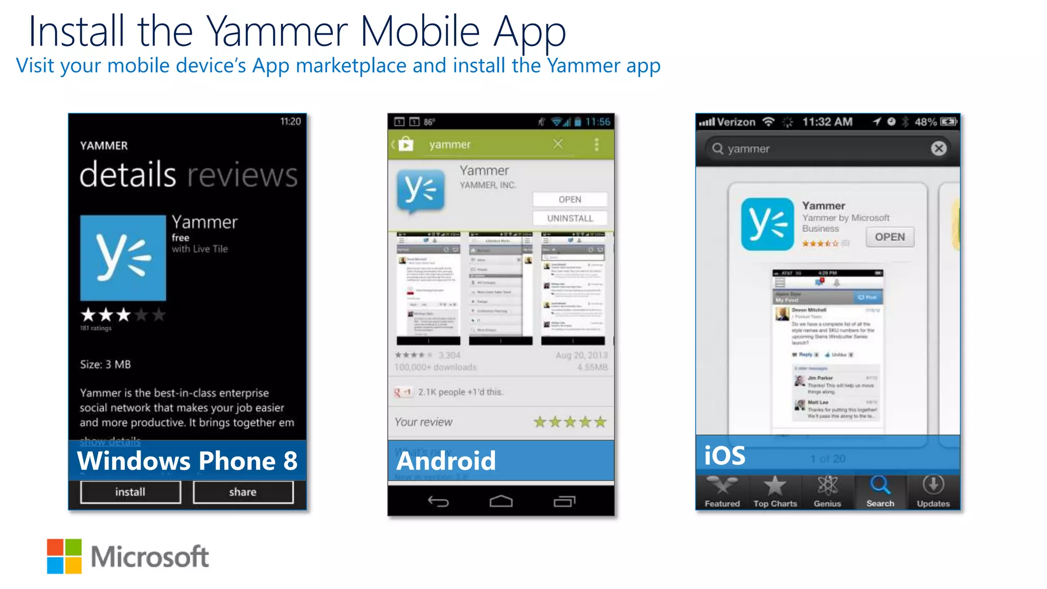 Install the Yammer Mobile App
Visit your mobile device’s App marketplace and install the Yammer app
Windows Phone 8 Android iOS
 