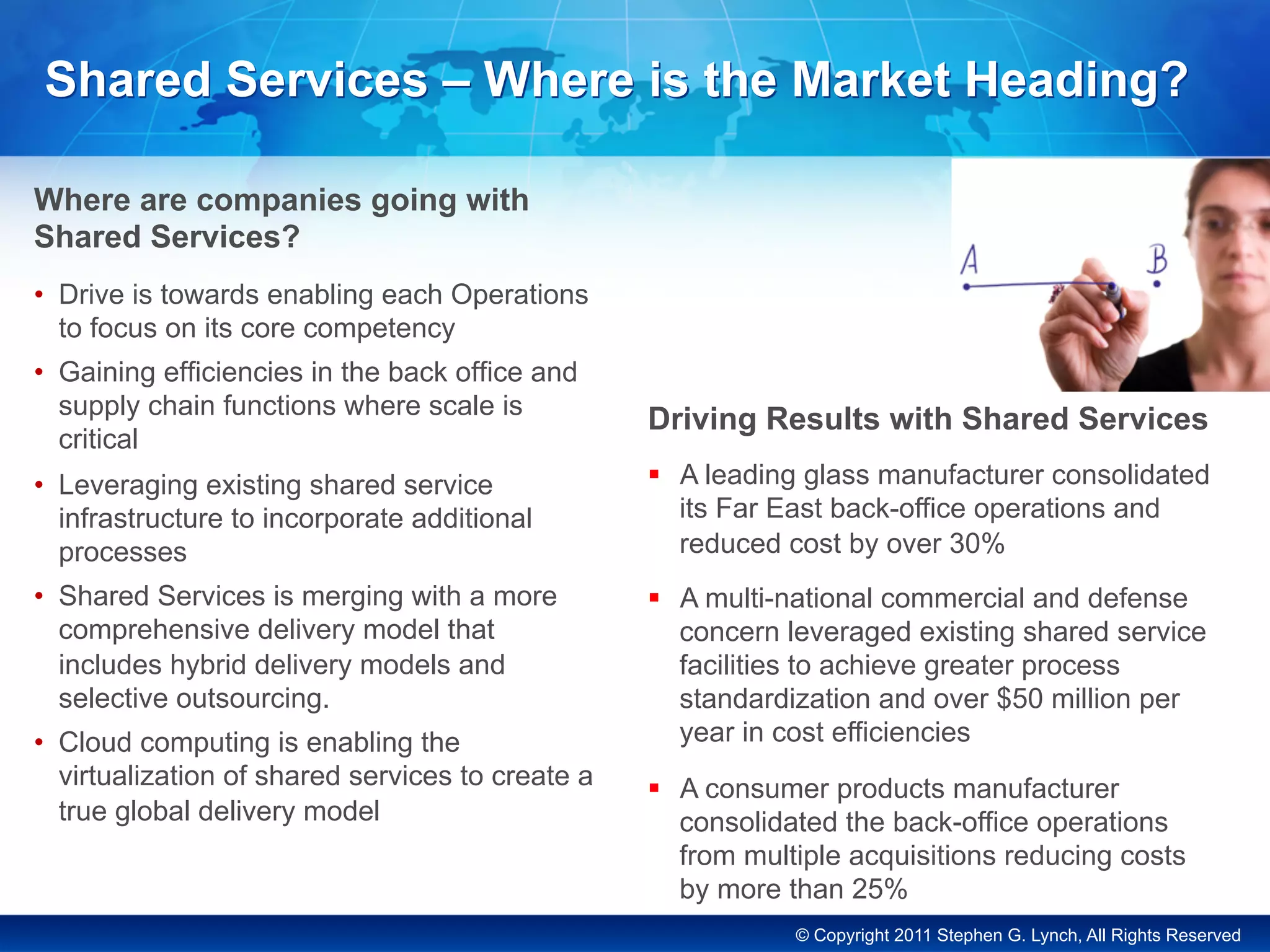 © Copyright 2011 Stephen G. Lynch, All Rights Reserved
Shared Services – Where is the Market Heading?
Where are companies going with
Shared Services?
•  Drive is towards enabling each Operations
to focus on its core competency
•  Gaining efficiencies in the back office and
supply chain functions where scale is
critical
•  Leveraging existing shared service
infrastructure to incorporate additional
processes
•  Shared Services is merging with a more
comprehensive delivery model that
includes hybrid delivery models and
selective outsourcing.
•  Cloud computing is enabling the
virtualization of shared services to create a
true global delivery model
Driving Results with Shared Services
§  A leading glass manufacturer consolidated
its Far East back-office operations and
reduced cost by over 30%
§  A multi-national commercial and defense
concern leveraged existing shared service
facilities to achieve greater process
standardization and over $50 million per
year in cost efficiencies
§  A consumer products manufacturer
consolidated the back-office operations
from multiple acquisitions reducing costs
by more than 25%
 