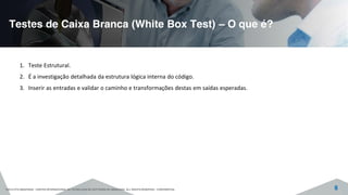 Testes de Caixa Branca (White Box Test) – O que é?
©2015 CITS AMAZONAS - CENTRO INTERNACIONAL DE TECNOLOGIA DE SOFTWARE DO AMAZONAS. ALL RIGHTS RESERVED - CONFIDENTIAL 8
1. Teste Estrutural.
2. É a investigação detalhada da estrutura lógica interna do código.
3. Inserir as entradas e validar o caminho e transformações destas em saídas esperadas.
 