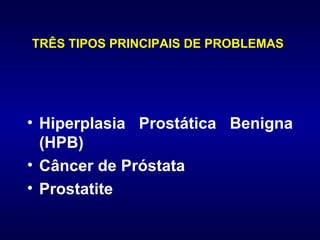 TRÊS TIPOS PRINCIPAIS DE PROBLEMAS   Hiperplasia Prostática Benigna (HPB) Câncer de Próstata Prostatite 