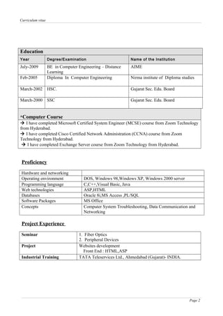 Curriculum vitae
Education
Year Degree/Examination Name of the Institution
July-2009 BE in Computer Engineering – Distance
Learning
AIME
Feb-2005 Diploma In Computer Engineering Nirma institute of Diploma studies
March-2002 HSC. Gujarat Sec. Edu. Board
March-2000 SSC Gujarat Sec. Edu. Board
*Computer Course
 I have completed Microsoft Certified System Engineer (MCSE) course from Zoom Technology
from Hyderabad.
 I have completed Cisco Certified Network Administration (CCNA) course from Zoom
Technology from Hyderabad.
 I have completed Exchange Server course from Zoom Technology from Hyderabad.
Proficiency
Hardware and networking
Operating environment DOS, Windows 98,Windows XP, Windows 2000 server
Programming language C,C++,Visual Basic, Java
Web technologies ASP,HTML
Databases Oracle 8i,MS Access ,PL/SQL
Software Packages MS Office
Concepts Computer System Troubleshooting, Data Communication and
Networking
Project Experience
Seminar 1. Fiber Optics
2. Peripheral Devices
Project Websites development
Front End : HTML,ASP
Industrial Training TATA Teleservices Ltd., Ahmedabad (Gujarat)- INDIA.
Page 2
 