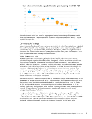 Figure 6. Most common activities engaged with on tablet (percentage change from 2013 to 2014) 
36% 
26% 
29% 
21% 
27% 
18% 
19% 
17% 
Adobe 2014 Mobile Consumer Survey Results White Paper 4 
80% 
60% 
50% 
40% 
30% 
20% 
10% 
0% 
74% 
64% 
57% 
54% 
51% 
45% 
38% 
51% 
70% 
47% 
43% 
46% 
44% 
5% 
4% 
EMAIL GAMES NEWS VIDEOS WEATHER SHOPPING BOOKS SPORTS MAGAZINES EDUCATION OTHER 
Consumers continue to use their tablets for engaging with content, communicating through email, playing 
games, and viewing videos. The young segment is increasingly using tablets for shopping, with 52% in 2014, 
compared to 43% in 2013. 
Key insights and findings 
Based on responses from this year’s survey, consumers are reaching for mobile first, making it more important 
than ever for marketers to adopt a true cross-channel approach when it comes to communicating with their 
customers. Not only are consumers spending more time on their devices, but they are using their devices in 
conjunction with traditional offline activities, signifying a behavior shift on the part of consumers and a call to 
action for how marketers need to engage with their customers. 
Profile of the mobile elite 
The Adobe 2014 Mobile Consumer Survey took a close look at the DNA of the most valuable mobile 
consumers. Compared to past studies that focused on demographic variations of consumers to understand 
issues and opportunities that influenced their adoption of mobile in various sectors, the 2014 study was 
expanded to also look at the impact of behavior. This year’s study carved out those consumers who reported 
spending more time and money on mobile devices compared to the general sample. These consumers, the 
mobile elite (ME), were then profiled based on their attitudes and behaviors compared to the rest of the 
mobile audience (see Methodology for details). This segment appears to share some similarities to what 
Forrester identified as “shifted segments” (perpetuals, immersers, adapters), making up 22% of online U.S. 
adults and the furthest along on the mobile mind shift: “They connect frequently on multiple devices from 
multiple locations and use a variety of applications.” 
Consumers at this point in the mobile adoption curve are as varied and complex in the different mobile sectors 
as they are in the general consumer market. As such, segmentation and optimization strategies need to be in 
place to isolate mobile segments and personalize messaging and channel frameworks. Within the industry 
sections discussed below, variations in reported preferences and behaviors were highlighted for the ME 
specific to that segment. Additionally, the survey combined consumers within any one of those segments into 
an overall ME segment to see if significant observations could be made across segments in terms of 
demographics, attitudes, and behaviors. 
Demographically, the ME segment slightly skewed to the young and middle-aged ranges (34% and 36%, 
respectively, with 30% from the older age range) and toward males (53% male versus 47% female). 
Additionally, they reported a slightly higher number of mobile devices being used: 1.9 for the ME versus 1.8 for 
the general consumer. Although demographic differences appear minor, larger variations in reported 
preferences and behaviors between segments are noted in the subsequent sections of this paper. 
 