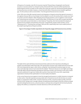 of frequency. For example, only 19% of consumers reported “Researching or shopping for new financial 
accounts or insurance policies” as a frequent activity. Almost half of the consumers (45%) reported never 
performing this activity via mobile. On the surface, this could raise caution for new business growth potential 
in financial services via mobile. However, a closer look at the MEs in financial services showed a significant 
gap—for this activity as well as several others—from the general financial services consumer. 
In fact, 20% more of the MEs reported research and shopping as a frequent activity than general consumers in 
this segment. Because MEs are much deeper into the adoption curve for this activity, there is clearly room here 
to increase consumer adoption. Other shopping and purchasing questions, such as “apply for a new account” 
and “researching new investments,” showed similar deltas. Of importance to note, 80% surveyed reported that 
they “review bank account information or check balances” frequently, which demonstrated the ubiquity of 
financial services adoption and potential in this sector. Comparatively, popular media activities, such as 
“following social” or “checking news and blogs” (58% and 34%, respectively), had a much smaller portion of 
the sample reporting these as frequent activities. 
Figure 8. Percentage of mobile respondents who frequently engage with financial services activities 
REVIEW BANK ACCOUNT 
INFORMATION OR CHECK BALANCES 
REVIEW BROKERAGE ACCOUNT, INDIVIDUAL 
STOCK, OR MUTUAL FUND POSITIONS 
RESEARCH NEW INVESTMENTS, 
STOCKS, MUTUAL FUNDS, ETC. 
CONDUCT BANK TRANSACTIONS 
PAY BILLS, TRANSFER MONEY 
CONDUCT STOCK AND MUTUAL FUND 
TRANSACTIONS BUY OR SELL 
MAKE PERSONTOPERSON PAYMENTS 
PAYPAL OR SIMILAR BANK SERVICE 
RESEARCH OR SHOP FOR A NEW FINANCIAL 
ACCOUNTS OR INSURANCE POLICIES 
APPLY FOR A NEW 
FINANCIAL ACCOUNT 
80% 
88% 
21% 
21% 
15% 
33% 
44% 
49% 
63% 
67% 
19% 
41% 
39% 
10% 
21% 
14% 
26% 
80% 
0% 20% 40% 60% 80% 100% 
Adobe 2014 Mobile Consumer Survey Results White Paper 6 
REQUEST A QUOTE FOR AN 
INSURANCE POLICY OR LOAN RATE 
2014 MOBILE ELITE FREQUENTLY = AT LEAST MONTHLY 
The depth of time spent with these transactional activities underscores the importance of building out 
analytics and optimization within these apps. ADI reported that consumers open mobile financial services apps 
30% more frequently than apps in other sectors, noting that “new banking and investment apps are more 
secure and make login and use much easier than the website.”5 Moreover, because an even higher percentage 
of the MEs (88%) reported frequently spending time with these activities, and consumers in this sector overall 
reported a preference for apps over mobile sites to perform these tasks (54% versus 46%, respectively), 
organizations should prioritize optimization to increase loyalty and adoption. 
In this survey, financial services appears to have the strongest brand presence in mobile channels as compared 
to other sectors. Only 36% reported accessing mobile sites in financial services for the first time via a search 
engine, as compared to media at 39%, consumer electronics at 43%, consumer products at 49%, and travel 
services at 54%. Perhaps even a stronger indicator of multichannel brand loyalty is that 20% of those surveyed 
reported visiting financial services, consumer products, and travel sites and apps for the first time by directly 
typing in the address, as compared to consumer electronics at 19% and media at 10%. 
 