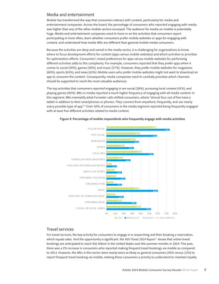 Media and entertainment 
Mobile has transformed the way that consumers interact with content, particularly for media and 
entertainment companies. Across the board, the percentage of consumers who reported engaging with media 
was higher than any of the other mobile sectors surveyed. The audience for media on mobile is potentially 
huge. Media and entertainment companies need to hone in on the activities that consumers report 
participating in most often, learn whether consumers prefer mobile websites or apps for engaging with 
content, and understand how media MEs are different than general mobile media consumers. 
Because the activities are deep and varied in the media sector, it is challenging for organizations to know 
where to focus development efforts for content (apps versus mobile websites) and which activities to prioritize 
for optimization efforts. Consumers’ mixed preferences for apps versus mobile websites for performing 
different activities adds to this complexity. For example, consumers reported that they prefer apps when it 
comes to social (59%), games (58%), and music (57%). However, they prefer mobile websites for magazines 
(60%), sports (65%), and news (65%). Mobile users who prefer mobile websites might not want to download an 
app to consume the content. Consequently, media companies need to carefully prioritize which channels 
should be supported to reach the most valuable audiences. 
The top activities that consumers reported engaging in are social (58%), accessing local content (41%), and 
playing games (40%). MEs in media reported a much higher frequency of engaging with all media content. In 
this segment, MEs exemplify what Forrester calls shifted consumers, where “almost four out of five have a 
tablet in addition to their smartphones or phones. They connect from anywhere, frequently, and use nearly 
every possible type of app.” 6 Over 50% of consumers in the media segment reported being frequently engaged 
with at least five different activities related to media content. 
Figure 9. Percentage of mobile respondents who frequently engage with media activities 
FOLLOW SOCIAL 
POST SOCIAL 
NEWS/BLOGS 
SPORTS 
LOCAL INFO 
DOWNLOAD NEWS MAGAZINES 
PURCHASE OR DOWNLOAD MOVIES 
WATCH LIVE SPORTS 
STREAMING TELEVISION 
STREAMING FILMS 
MUSIC 
PURCHASE OR DOWNLOAD MUSIC 
STREAMING MUSIC 
0% 10% 20% 30% 40% 50% 60% 70% 80% 
Adobe 2014 Mobile Consumer Survey Results White Paper 7 
CASUAL OR SOCIAL GAMES 
58% 
74% 
39% 
59% 
34% 
48% 
21% 
32% 
41% 
55% 
19% 
28% 
6% 
12% 
9% 
18% 
11% 
22% 
8% 
18% 
10% 
20% 
18% 
35% 
40% 
52% 
38% 
60% 
2014 MOBILE ELITE FREQUENTLY = AT LEAST MONTHLY 
Travel services 
For travel services, the key activity for consumers to engage in is researching and then booking a reservation, 
which equals sales. And the opportunity is significant: the ADI Travel 2014 Report 7 shows that online travel 
bookings are anticipated to reach $61 billion in the United States over the summer months in 2014. This year, 
there was a 2% increase in consumers who reported making frequent travel bookings via mobile as compared 
to 2013. However, the MEs in this sector were nearly twice as likely as general consumers (45% versus 22%) to 
report frequent travel booking via mobile, making these consumers a priority to understand to maintain loyalty. 
 
