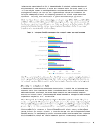 The activity that is a true standout in 2014 for the travel sector is the number of consumers who reported 
regularly researching travel destinations via mobile, which jumped by almost 10% (38% in 2013 to 47% in 
2014), indicating that travelers are becoming much more comfortable with mobile as a travel research and 
planning tool. According to ADI, travel apps are “a huge hit for mobile users because road warriors and 
vacationers are frequently on the run and more willing to download and use hotel, airline, and car rental 
applications. … On average, travel enthusiasts use an app more than 20 minutes per app session.” 8 
Check-in and check-itinerary activities also saw big jumps in frequent usage (29% in 2014 versus 21% in 2013, 
and 38% in 2014 versus 30% in 2013, respectively). In fact, adoption of all the major activities associated with 
travel services experienced increased frequency over the last year. Consumer comfort and adoption of mobile 
as a tool to facilitate travel is on the rise. Ease of use, navigation, and speed were cited as the key areas of 
importance when accessing mobile websites and apps. 
Figure 10. Percentage of mobile respondents who frequently engage with travel activities 
BOOK TRAVEL 
RESEARCH TRAVEL DESTINATIONS 
CHECK ITINERARY 
CHANGE ITINERARY 
COMPARE TRAVEL PRICES 
CHECK REVIEWS 
FLIGHT CHECKIN 
0% 20% 40% 60% 80% 100% 
Adobe 2014 Mobile Consumer Survey Results White Paper 8 
MAPS OR DIRECTIONS 
38% 
47% 
81% 
20% 
22% 
45% 
17% 
18% 
33% 
21% 
29% 
51% 
75% 
78% 
87% 
41% 
46% 
75% 
35% 
39% 
71% 
30% 
38% 
61% 
2013 2014 MOBILE ELITE FREQUENTLY = AT LEAST MONTHLY 
Also of importance to note for travel services: More than 54% of consumers reported finding travel websites by 
search engines, which was the highest percentage of any market surveyed, indicating that travel websites are 
not as strongly branded and do not retain the level of customer loyalty of websites in other market segments. 
Shopping for consumer products 
In the category of consumer products, purchasing products jumped 4% from last year as a frequent activity, 
reaffirming that the trend in the growth of general e-commerce is carrying over to mobile commerce. At the 
same time, consumers are looking to their mobile devices to help aid their overall shopping and product 
education process, with accessing “customer ratings and reviews” experiencing the biggest increase in frequent 
usage over the last year (41% in 2013 to 47% in 2014). 
MEs in this segment—those who reported purchasing more than $750 in products via mobile in the past 12 
months—are significantly differentiated from general mobile consumers. For example, a higher percentage of 
MEs reported that they accessed visual information frequently (47% versus 38% for general consumers), while 
product and price information was also accessed more frequently (65% versus 58% for general consumers). 
MEs reported preferring mobile apps for shopping, followed by mobile websites, and then regular websites. 
General consumers also reported a preference for mobile apps, but next in line was regular websites, followed 
by mobile websites. The key takeaway for providers of consumer products is that across the board, consumers 
prefer mobile apps for shopping, and therefore, they should tailor their mobile strategies to prioritize apps. 
 