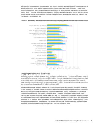 MEs reported frequently using mobile to assist with in-store shopping, giving providers of consumer products 
another opportunity to use leading-edge technology to build loyalty with these consumers. Case in point, 
Home Depot’s mobile apps can be considered a best practice for geolocation use that delivers on customers’ 
needs.9 When a customer enters a Home Depot store and launches the Home Depot app, the app uses GPS to 
provide a store-specific menu that helps customers easily find items, a handy, time-saving tool in a store that 
can be up to 150,000 square feet. 
Figure 11. Percentage of mobile respondents who frequently engage with consumer electronics activities 
PRODUCT AND PRICE INFORMATION 
PRODUCT COMPARISON 
VISUAL INFORMATION, FULLSCREEN 
PRODUCT IMAGERY, ETC. 
PURCHASE PRODUCT USING MOBILE 
SITE OR APP ADD TO CART 
EASY CHECKOUT PROCESS 
ORDER STATUS 
CUSTOMER RATING OR REVIEWS 
SOCIAL SHARING E.G., POST 
TO FACEBOOK PAGE 
ONLINE PROMOTIONS, 
SPECIALS, OR COUPONS 
GIFT OR WISH LIST REGISTRIES 
INSTORE FEATURES 
PRODUCT RECOMMENDATIONS 
SEARCH FOR PRODUCTS 
0% 10% 20% 30% 40% 50% 60% 70% 80% 
Adobe 2014 Mobile Consumer Survey Results White Paper 9 
SIMPLE KEYWORD 
SORTING OR FILTERING OPTIONS 
TO NARROW SEARCH 
53% 
58% 
65% 
33% 
38% 
47% 
38% 
41% 
52% 
41% 
47% 
49% 
37% 
40% 
50% 
38% 
42% 
52% 
26% 
32% 
41% 
32% 
36% 
47% 
47% 
52% 
55% 
35% 
31% 
40% 
19% 
12% 
14% 
14% 
14% 
14% 
22% 
19% 
26% 
26% 
24% 
30% 
2013 2014 MOBILE ELITE FREQUENTLY = AT LEAST MONTHLY 
Shopping for consumer electronics 
Unlike the consumer products category, where purchasing products jumped 4% in reported frequent usage, it 
remained flat for consumer electronics from 2013 to 2014. However, it appears that consumers are more likely 
to use mobile devices to help aid their overall shopping and product education process with the frequent 
usage of online promotions, specials, or coupons jumping 8% in 2014. Accessing customer ratings and reviews 
also increased over the past year (43% in 2013 to 48% in 2014). 
Similar to the consumer products category, MEs in this segment—those who reported purchasing more than 
$750 in products via mobile in the past six months—are highly differentiated from general mobile consumers, 
with 70% of them reporting accessing product and price as a frequent activity, compared to 57% of general 
consumers. MEs also differ from general consumers when it comes to the frequent usage of order status, 
checkout, and product comparison features (64%, 68%, and 52%, respectively). Consumers reported shopping 
for consumer electronics fairly evenly between accessing mobile websites (34%), apps (35%), and regular sites 
via mobile (31%). However, when people were asked how they would prefer to shop, the MEs reported a much 
stronger preference for apps, jumping from 27% to 39%, indicating that current mobile app experiences have 
limitations or issues that are holding consumers back from fully embracing them. 
 