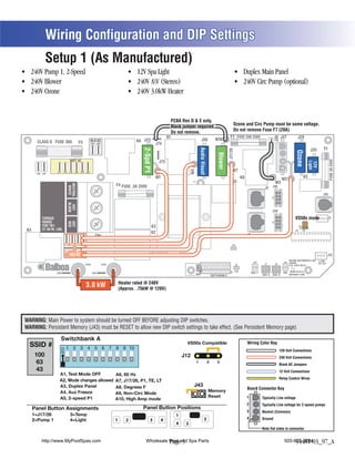Wiring Configuration and DIP Settings
            Setup 1 (As Manufactured)
                                                                                                                  (Stereo)



                                                                                                                           PCBA Rev D & E only.
                                                                                                                                                                                        Ozone and Circ Pump must be same voltage.
                                                                                                                           Black jumper required.
                                                                                                                                                                                        Do not remove Fuse F7 (20A)
                                                                                                                           Do not remove.
                                                                                                                      K1                                                            F7 FUSE 20A 250V                                  J47




                                                                                                                                                                                                                              J46
                                                                                                                                                                       W10                                                                         J29
      CLASS G FUSE 30A                                  BLK AC                            K6 J23                                                     J50
                                             F5           J61    J62                                         J74
                                                                                                                                                                                                                                                                             F1




                                                                                                                                                 Audio Visual
                                                                                             2-Spd P1
                                                                                                                                                                                                                                                                      J20




                                                                                                                                                                                   J17/26




                                                                                                                                                                                                                                                  Ozone
                                                                                                                                                                         Blower




                                                                                                                                                                                                                                                                                   FUSE 3A 250V
                                  WHT AC
                                    T




                                                                                                                                                                                                                                                                        C
                                                                                                              J73




                                                                                                                                                                                                                                                                     Light
                                                                                                                                                                                                                                      C




                                                                                                                                                                                                                                                           C


                                                                                                                                                                                                                                                                     12V
                                                                                                  C




                                                                                                                                                                             C
                                                                                                                                                         C




                                                                                                                                                                                                                                      G




                                                                                                                                                                                                                                                                       G
                                                                                                                                                                                                                                                           G
                                                                                                                                                                                       W7



                                                                                                                                       W4
                                                                                                 G




                                                                                                                                                                             G
                                                                                                                                                         G
                    J11    J15    J16 J25 J63 J64
      J66 J65
                                                                                                             W1                                                                                  K8                                                         K5
                                                                                                                                                                                                                                      W2
                                                                                                                                        T1                                             K9                                      W3
                                 NEUTRAL




                                                                              F4 FUSE .3A 250V
                                                                                                                                                                                                                      J1 J1A
                                  WHITE




                                                                                                                                                                                                                                                                             J10
                                 BLACK
                                  HOT




                                                                                                                                                                                                                             J2A
                                                                                                                                                                                                                                                 VS50x mode




                                                                                                                                                                                                                                                                                   J18
          TORQUE
          RANGE
                                 RED
                                 HOT




                                                                                                                                                                                                                                                               2 3
          FOR TB1:                                                                                      K3                                                                                                                                             1
K4        27-30 IN. LBS.                                                                                                                                                                                                                          U4       J12
                                                                                                        K2
                                                                TB1                                                                                                                                   J2
                            J32 J33 J34          J35                                                                                                                                  J43

                            J36            J37                                                          F2
                                  RED AC                                                                                                                                                                                                                                          J13
                                                                                                                                                                                                                                           BALBOA INSTRUMENTS, INC. 2-SPD
                                                                                                                                                                                                  J60       J22                        J44 VS500Z                   EXT RLY
                                                                                                                                                                                                                     J7       J8

            Balboa                                 HTR2                HTR1                                                                                                                 J6
                                                                                                                                             E.GND




                                                                                                                                                                                                                                           P/N 22972 REV D


                   J100                                   J101                                                                                                                       S1 TST       EXT.     AUX. F                      VAC MADE IN U.S.A
                                                                                                                                                                    SWITCHBANK A                  RLY               SEN. A   SEN. B         COPYRIGHT 2005


                                                                                  Heater rated @ 240V
                                                       3.0 kW                     (Approx. .75kW @ 120V)




WARNING: Main Power to system should be turned OFF BEFORE adjusting DIP switches.
WARNING: Persistent Memory (J43) must be RESET to allow new DIP switch settings to take effect. (See Persistent Memory page)


  SSID #                                                                                                                           VS50x Compatible                                                     Wiring Color Key
                                                                                                                                                                                                                                    120 Volt Connections
     100                                                                                                                         J12                                                                                                240 Volt Connections
     63                                                                                                                                      1                  2       3
                                                                                                                                                                                                                                    Black AC Jumpers
     43                                                                                                                                                                                                                             12 Volt Connections
                      A1, Test Mode OFF
                                                                                                                                                                                                                                    Relay Control Wires
                      A2, Mode changes allowed A7, J17/26, P1, TE, LT
                                                                                                                                        J43
                                                                                                                                                                                                        Board Connector Key
                                                                                                                                                                Memory
                                                                              A9, Non-Circ Mode
                      A5, 2-speed P1                                                                                                                            Reset                                 1
                                                                              A10, High Amp mode                                                                                                                    Typically Line voltage
                                                                                                                                                                                                      2             Typically Line voltage for 2-speed pumps
     Panel Button Assignments                                                                Panel Button Positions
                                                                                                                                                                                                      3             Neutral (Common)
     1=J17/26                      3=Temp                                                                                    1
                                                                                                                                                                                                      4
     2=Pump 1                      4=Light                                    1      2              3             4                                       3                                                         Ground
                                                                                                                             4    2
                                                                                                                                                                                                                    Note flat sides in connector


         http://www.MyPoolSpas.com                                                             Wholesale Pool and Spa Parts
                                                                                                         Page 5                                                                                                                        920-925-3094
                                                                                                                                                                                                                                            54481-03_97_A
 