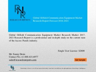 Global Oilfield Communication Equipment Market
Research Report Forecast 2016-2021
Mr. Sunny Denis
Contact No.:+1-888-631-6977
sales@researchnreports.com
Global Oilfield Communication Equipment Market Research Market 2017-
2021 Research Report is a professional and in-depth study on the current state
of the Access Panels industry.
Single User License: $2800
“Knowledge is Power” as we all have known but in today’s time that is not sufficient, the right application of knowledge is Intelligence.
 