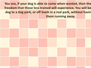 You see, if your dog is able to come when wanted, then the
freedom that those less trained will experience. You will be
 dog to a dog park, or off leash in a real park, without havin
                              them running away.
 
