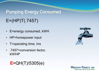 E=(HP)T(.7457)
• E=energy consumed, kWH
• HP=horsepower input
• T=operating time, hrs
• .7457=conversion factor,
kW/HP
E=QH(T)/5305(e)
 