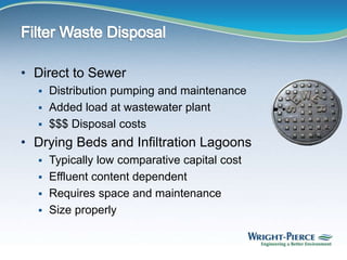 • Direct to Sewer
 Distribution pumping and maintenance
 Added load at wastewater plant
 $$$ Disposal costs
• Drying Beds and Infiltration Lagoons
 Typically low comparative capital cost
 Effluent content dependent
 Requires space and maintenance
 Size properly
 